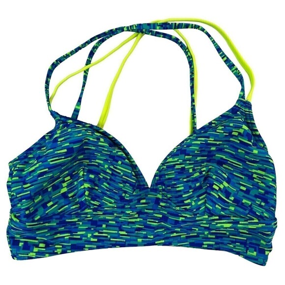 TYR Sports Bra Small Blue Green Yellow Cross Back Swimwear Bikini Top SAMPLE - Picture 1 of 6